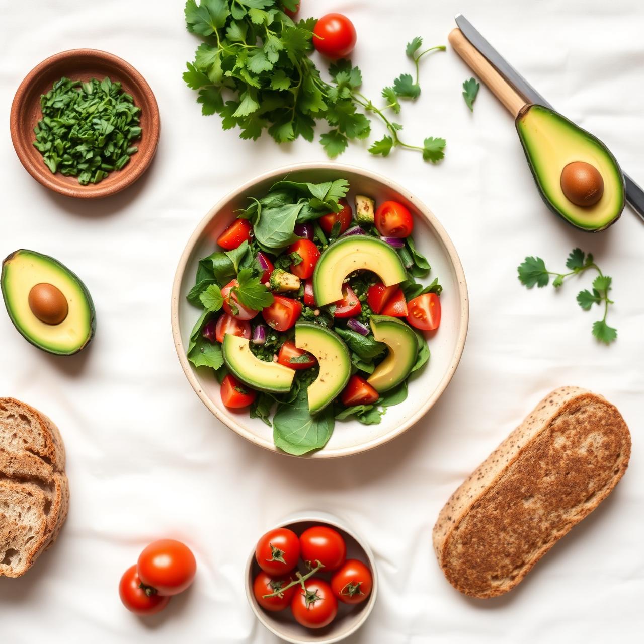Fresh homemade salad with avocado, tomatoes, herbs and whole grain bread